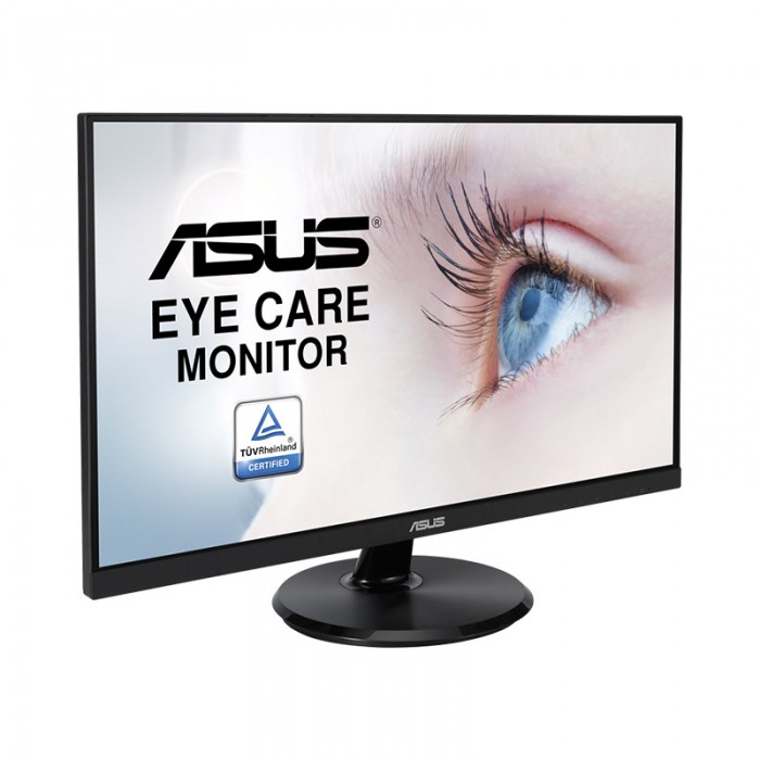 مانیتور 24 اینچ ایسوس Asus VA24DQ دارای رنگ مشکی و قاب های باریک است و بر روی صفحه آن چشم انسان با عبارت Eye Care دیده می شود