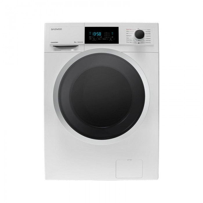 ماشین لباسشویی دوو DWK-8100 دارای بدنه و کنترل پنلی به رنگ سفید و درب کاوردار به رنگ دودی است و ظاهر زیبایی دارد.